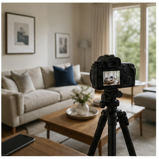 A camera set up to photograph a furnished living room